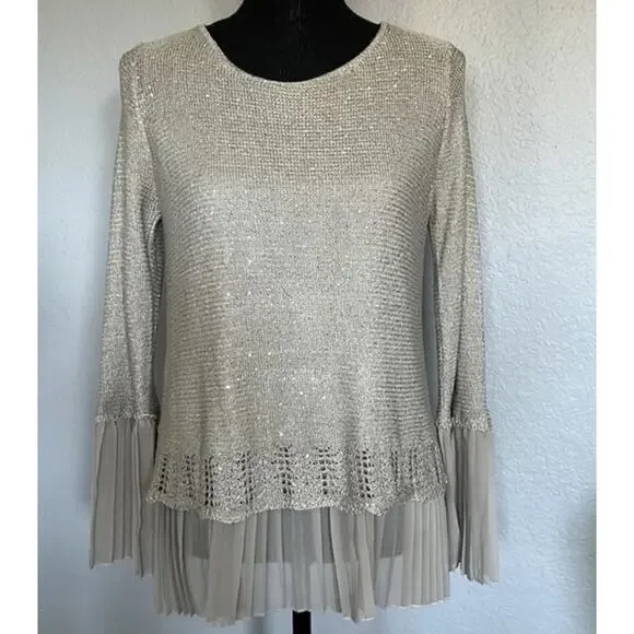 Sioni Women’s Large Sequin Layered Pleat Trim Pullover Sweater Twee Pop Beige - Picture 2 of 12